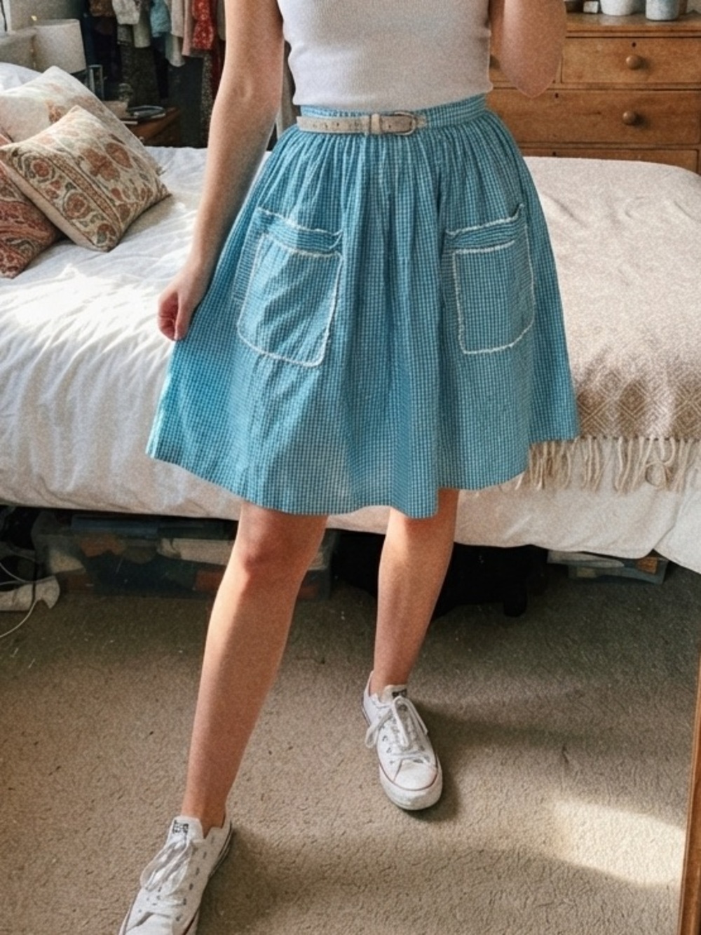 Vintage 50s Cottagecore Handmade Blue Gingham Pocket A-Line Skirt Coquette